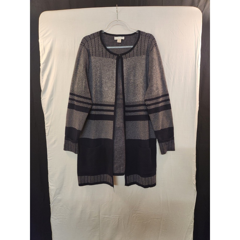 C&B Women Navy Geometric Print Long Open Cardigan Size XL Workwear Career Cozy